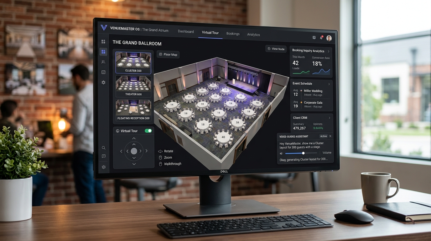 Interactive interface displaying an AI SaaS for banquet virtual tour with voice-guided spatial navigation.