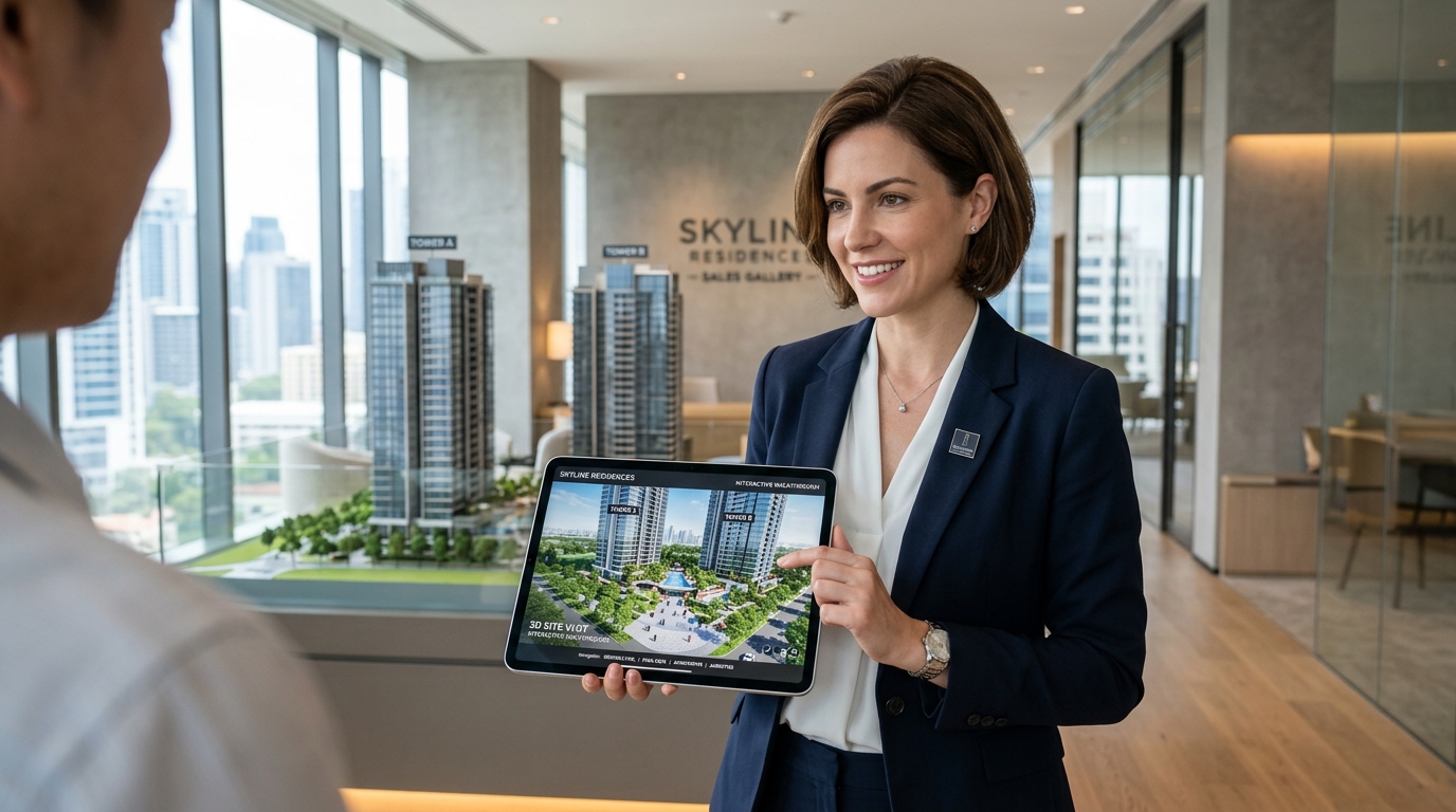 Digital site visit engine for real estate developers showing 3D walkthroughs for AI site visits on a tablet.