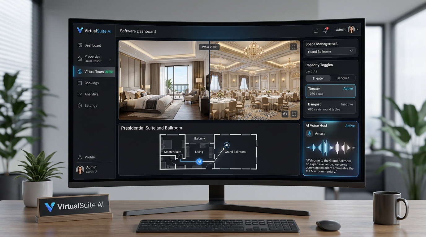 Interactive interface displaying an AI SaaS for hotel virtual tour with voice-guided spatial navigation.