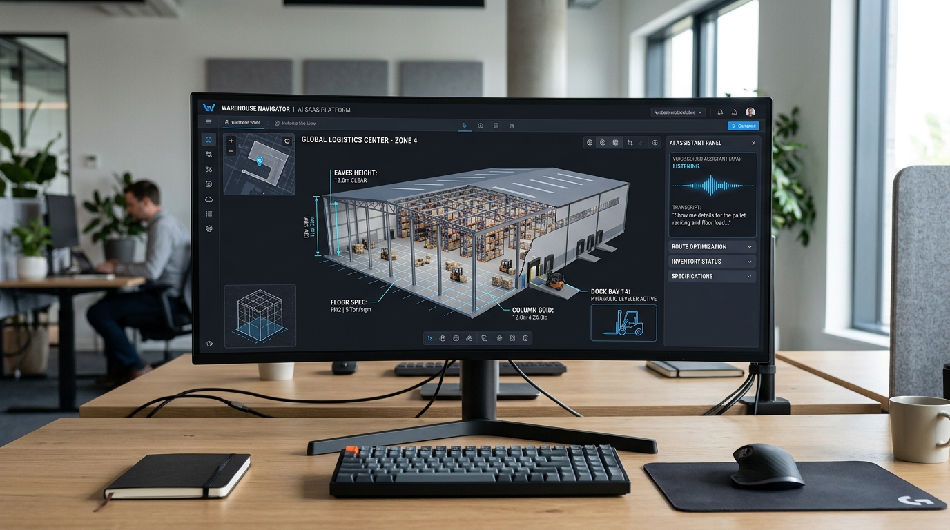 Interactive interface displaying an AI SaaS for Storage & Industrial facilities virtual tour with voice-guided technical parameters.