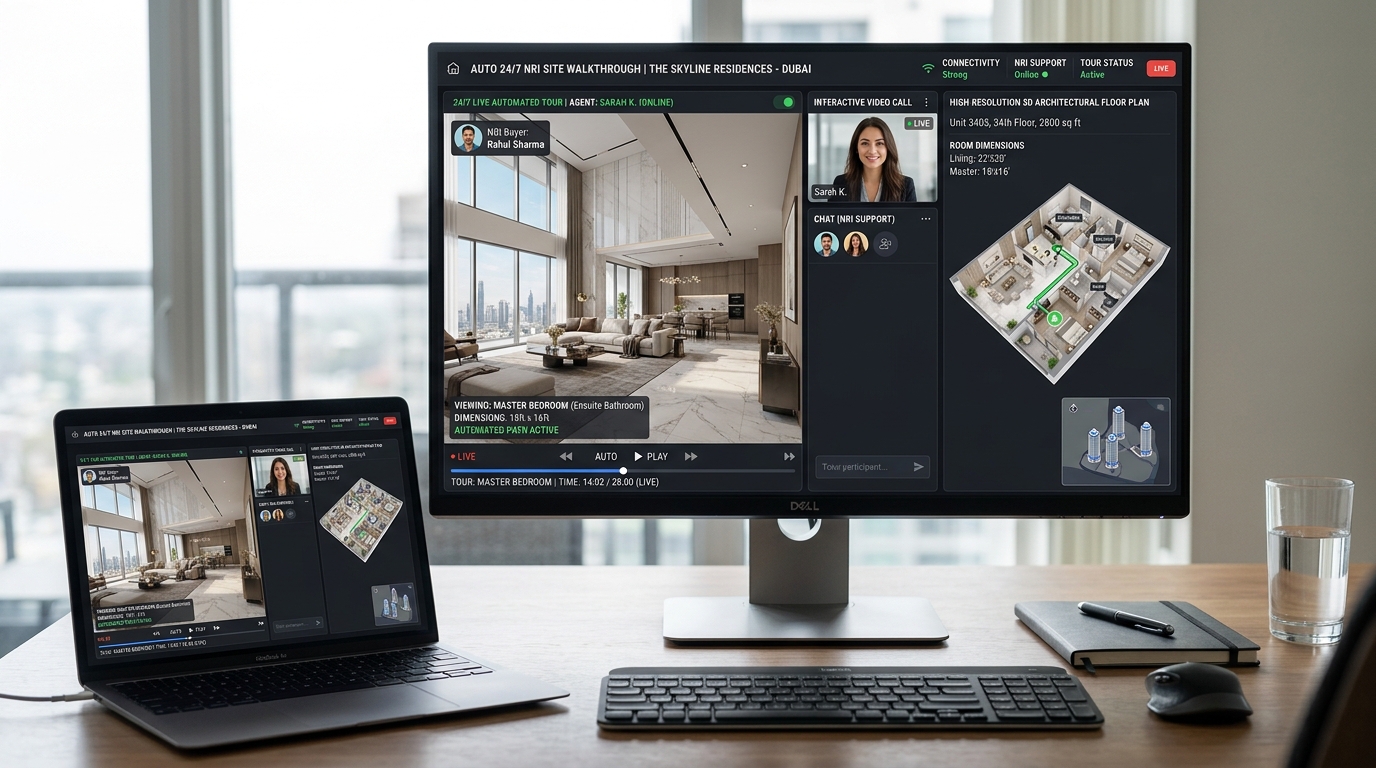 Multi tower virtual site visit platform displaying an automated 24/7 NRI buyer property walkthrough interface.