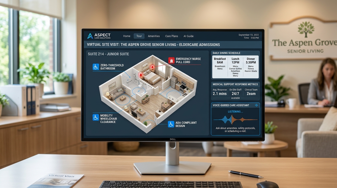 Interactive interface displaying an AI assisted virtual site visit for Senior Care venue & facilities with voice-guided spatial navigation.